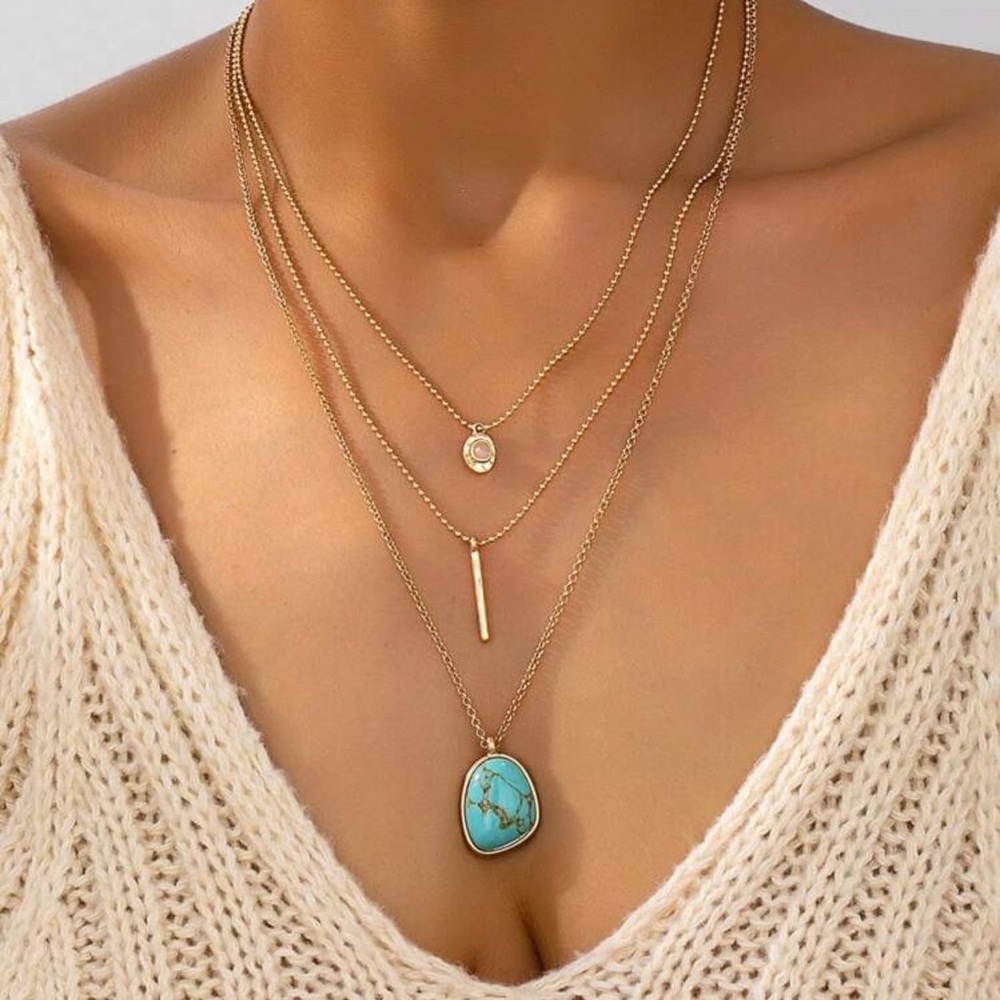 Bohemian Western Gold Turquoise Layered Bar Necklace
